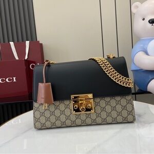 GUCCI Supreme Monogram Calfskin Small Padlock Top Handle Bag Beige Black Cuir